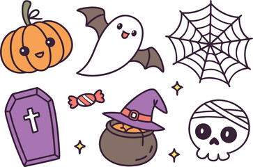 Funny cartoon vector illustration set of cute Halloween animal icons for children