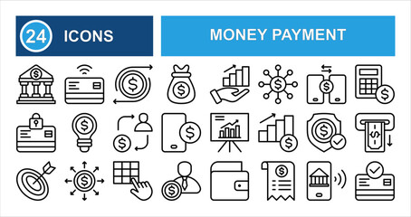 Money payment line icon set with editable stroke, trend, global, calculator, tag, NFT, bank, protection, investment, credit card, and pin code in clean thin linear style.
