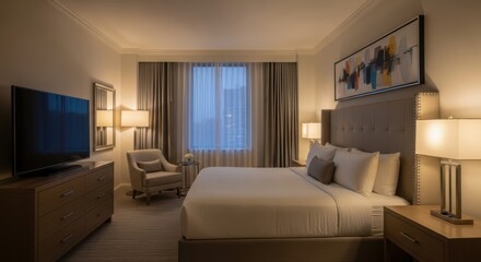 Fototapeta premium Cozy hotel room ambiance with comfortable bed and soft lighting for relaxation