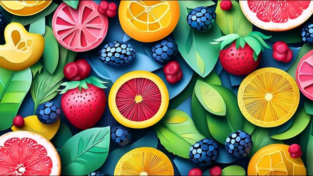 A vibrant and colorful arrangement of various fruits and tropical leaves, presented in a stylized, artistic manner.