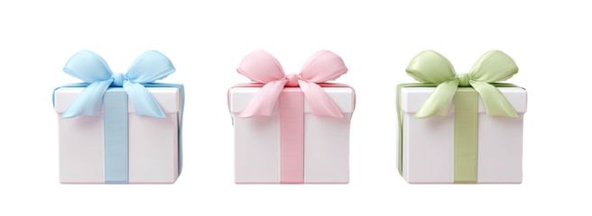 Three pastel-colored gift boxes