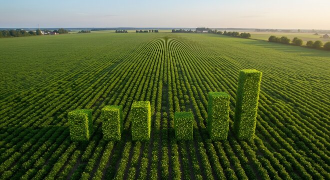 Aerial view of a green crop field with a bar graph of plant growth.