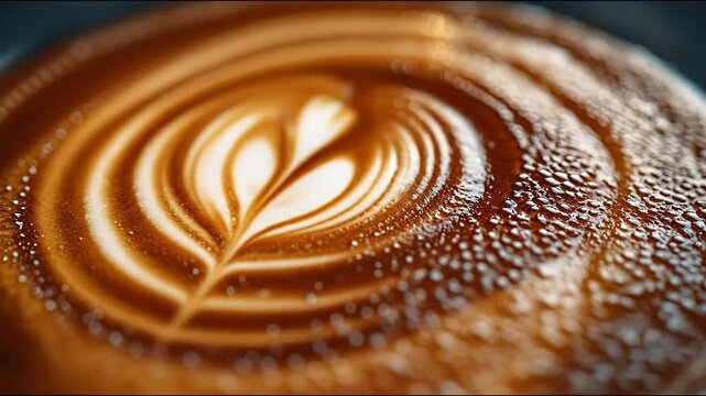 A detailed close-up of a beautiful heart-shaped rosetta latte art on a fresh cup of coffee.