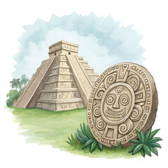 Ancient Architecture, Mayan Pyramid, Tropical Jungle, Illustration, Historical, Side View, Cultural Heritage