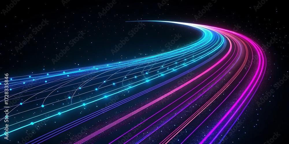Poster streaks of colorful light particles forming a curve on a dark background, representing data transfer