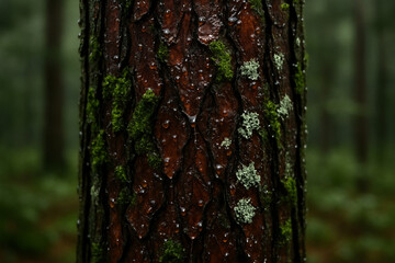 Close-up of wet, dark pine trunk with water droplets, contrasting moss and lichen.