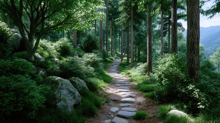Obraz premium Sun Drenched Forest Trail with Stone Steps Surrounded by Green Foliage Under Sunlight and Lush Trees in Outdoor Scenery with Cinematic HDR Landscape