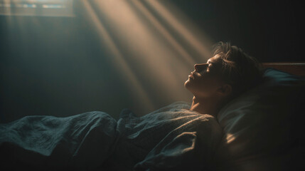 Naklejka premium Exhausted Patient Lying in Hospital Bed with Soft Light Symbolizing Hope and Recovery