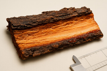 Pine bark cross-section reveals layered wood grain and sticky resin drops, with a measuring tool for scale.