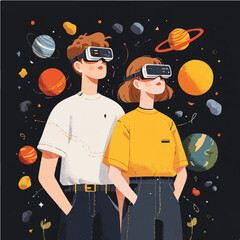 A boy and a girl in virtual reality glasses are looking at space, the solar system with planets