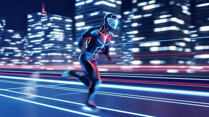 Futuristic Athlete Running in City at Night - A stylized digital video of a futuristic athlete running on a track at night, with vibrant city lights blurring in the background. - Powered by Adobe