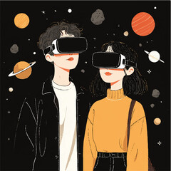 A boy and a girl in virtual reality glasses are looking at space, the solar system with planets