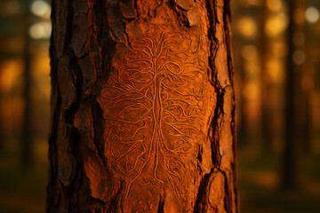 Close-up of a pine trunk showing the beautiful, natural, winding patterns of insect tunnels.