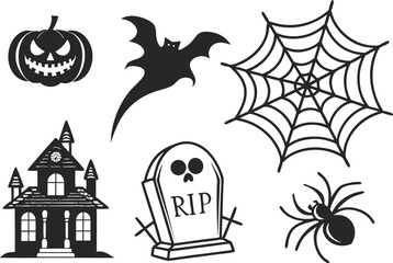 A spooky set of Halloween icons with a pumpkin, bat, ghost, and witch house illustration vector for a scary night design