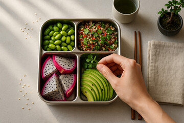 Hand arranging fresh greens on a gourmet, nutritious plant-based bento box, perfect for a balanced meal.
