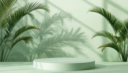 Obraz premium A pale green, circular podium is subtly highlighted against a backdrop of tropical plants, casting soft shadows on a light mint-colored wall.