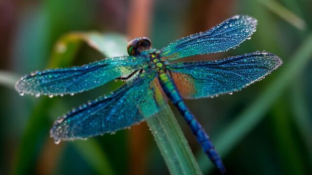 A close-up shot of a dragonfly perched on green blades with droplets. Vivid colors, a focus on detail