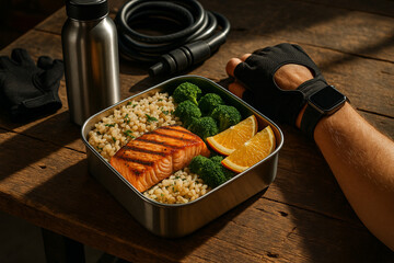 Nutritious meal prep: Grilled salmon, broccoli, grain, and orange in an eco-friendly lunchbox.