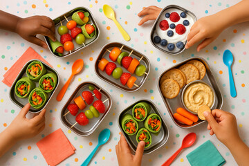 Colorful, healthy bento boxes with fresh fruit, veggie wraps, and yogurt enjoyed by diverse children.