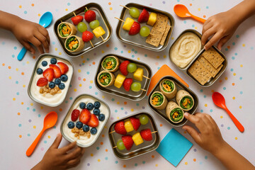 Colorful, healthy bento boxes with fresh fruit, veggie wraps, and yogurt enjoyed by diverse children.