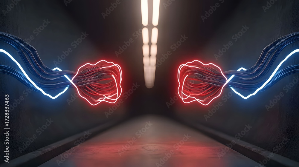 Poster A striking image showcasing a dark futuristic tunnel with glowing red and blue energy streams converging in the center, under the soft illumination of overhead lights.