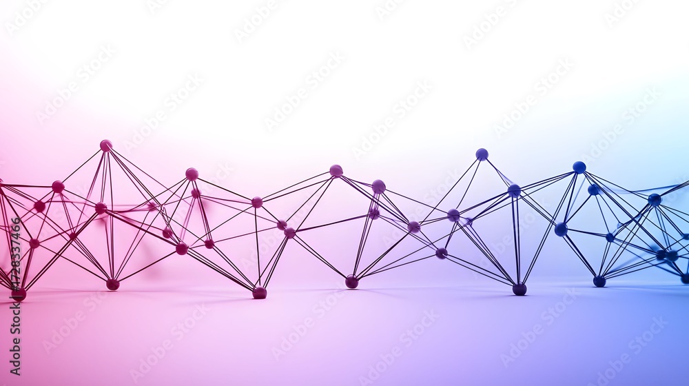 Poster The image displays an abstract network-like structure made of spheres connected by lines, set against a gradient background that transitions from pink to blue and white.