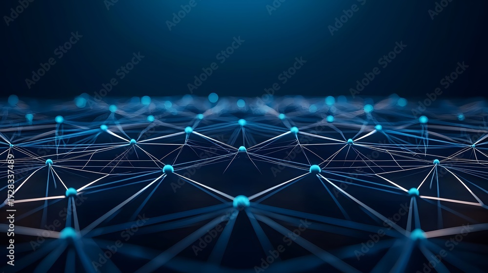 Poster the image shows a blue network of connected spheres against a dark blue background, resembling a fut