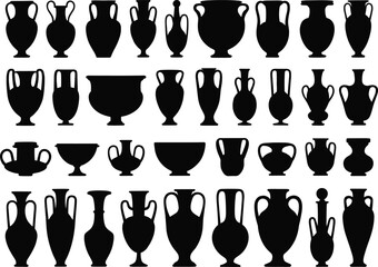 Ancient Greek vase silhouettes, classical pottery icons, amphorae, kraters, hydriae, black vector illustration, historical design, ceramic shapes, art history © Mst. Shamima Nasrin