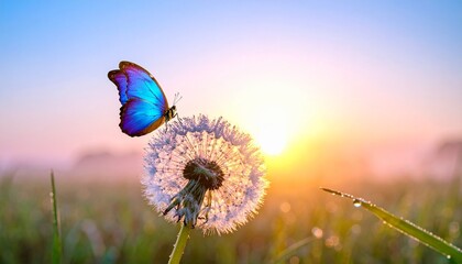 “Blue butterfly perched on dandelion under glowing sunlight—symbol of fragility and transformation”

