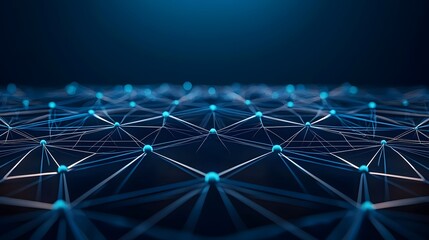 The image shows a blue network of connected spheres against a dark blue background, resembling a futuristic or high-tech representation of data connection or a complex system.