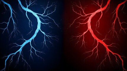 The image displays a striking contrast between red and blue fractal lightning bolts, set against a dark background, creating a visually dramatic and dynamic composition.