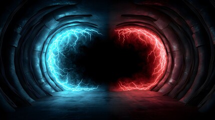 The image displays a futuristic corridor with an electric, blue-glowing anomaly on the left, and a red-glowing anomaly on the right, against a dark, industrial tunnel backdrop.