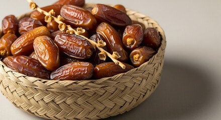 Dates in Woven Basket, Brown Dried Fruit on Neutral Background