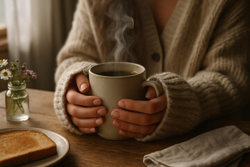 Hands in a soft sweater holding a warm cup of coffee on a wooden table with toast and flowers.