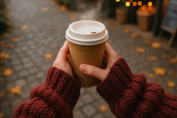 Steaming coffee in a paper cup held by hands in a warm sweater on a cool autumn day.