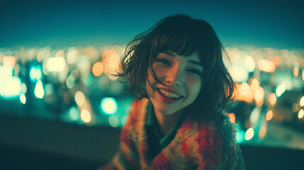 都会の夜景と女性