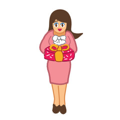 Vector Cartoon; Woman Standing Giving Gift; Festival, Discount, Free Gift Pixel, Employee, Attentive, Lovely Reward