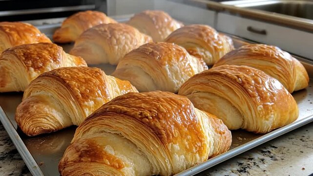 Freshly Baked Golden Croissants on a Baking Tray.