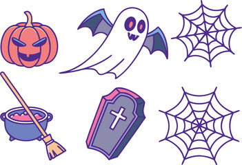 Fototapeta premium A fun set of cute Halloween icons featuring a cartoon pumpkin, ghost, cat, and bat vector illustration design for a holiday night