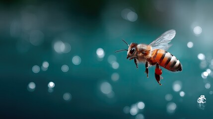 Honeybee Flying in Air with Bokeh Background Macro Shot