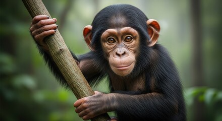  Young Chimpanzee Clings Tree