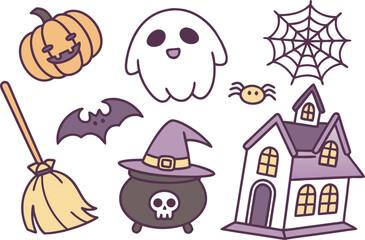 A colorful cartoon vector set of spooky Halloween icons includes pumpkins, bats, ghosts, cats, witches, and spiders for a horror holiday illustration design