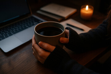 A warm mug of coffee, candlelight, and a notebook set the scene for quiet, creative work.
