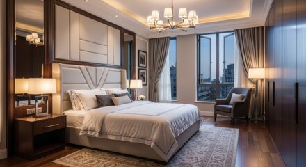 Obraz premium Luxurious hotel bedroom suite with king-size bed plush headboard and city view windows
