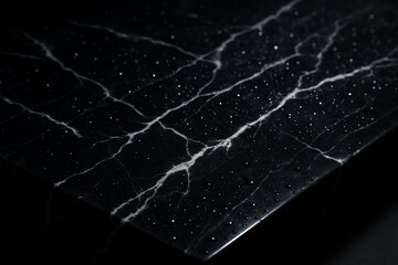Abstract dark stone surface: 'Galactic Marble Elegance.' Lightning veins and water drops on polished black.