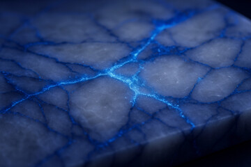 Electric blue glow highlights the natural cracks in a polished marble surface, a striking and futuristic pattern.