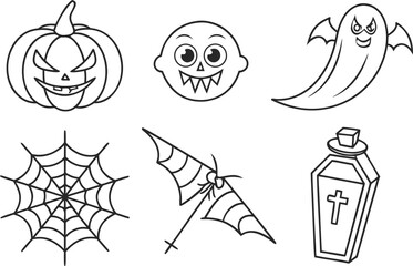 Cute cartoon vector illustration set of Halloween pumpkin faces, ghosts, and bats outline drawing