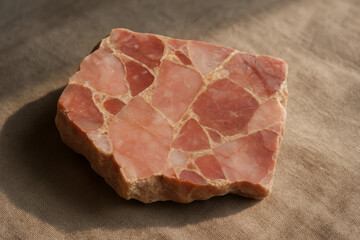 Close-up of a decorative stone slab with a unique pink breccia pattern for geology, crafts, or design.