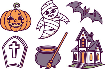 Cartoon vector illustration set of Halloween holiday icons and elements design, including food, symbols, and silhouettes