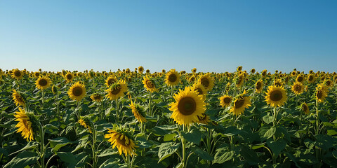 Obraz premium Vast Field of Sunflowers Under Clear Blue Sky with Vibrant Yellow Petals and Green Leaves